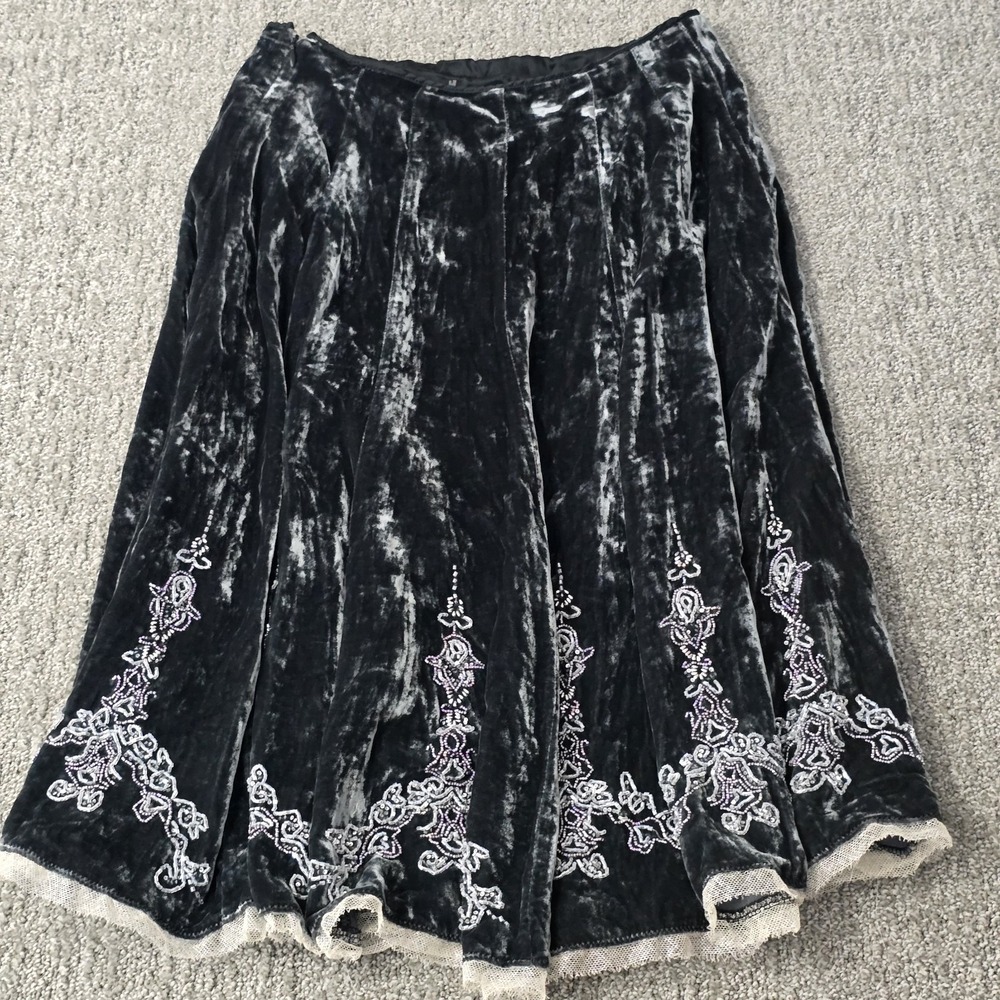 Elie Tahari Beaded Silk Velvet Embroidered Midi Skirt Black Gothic Romantic 2 - Picture 6 of 7